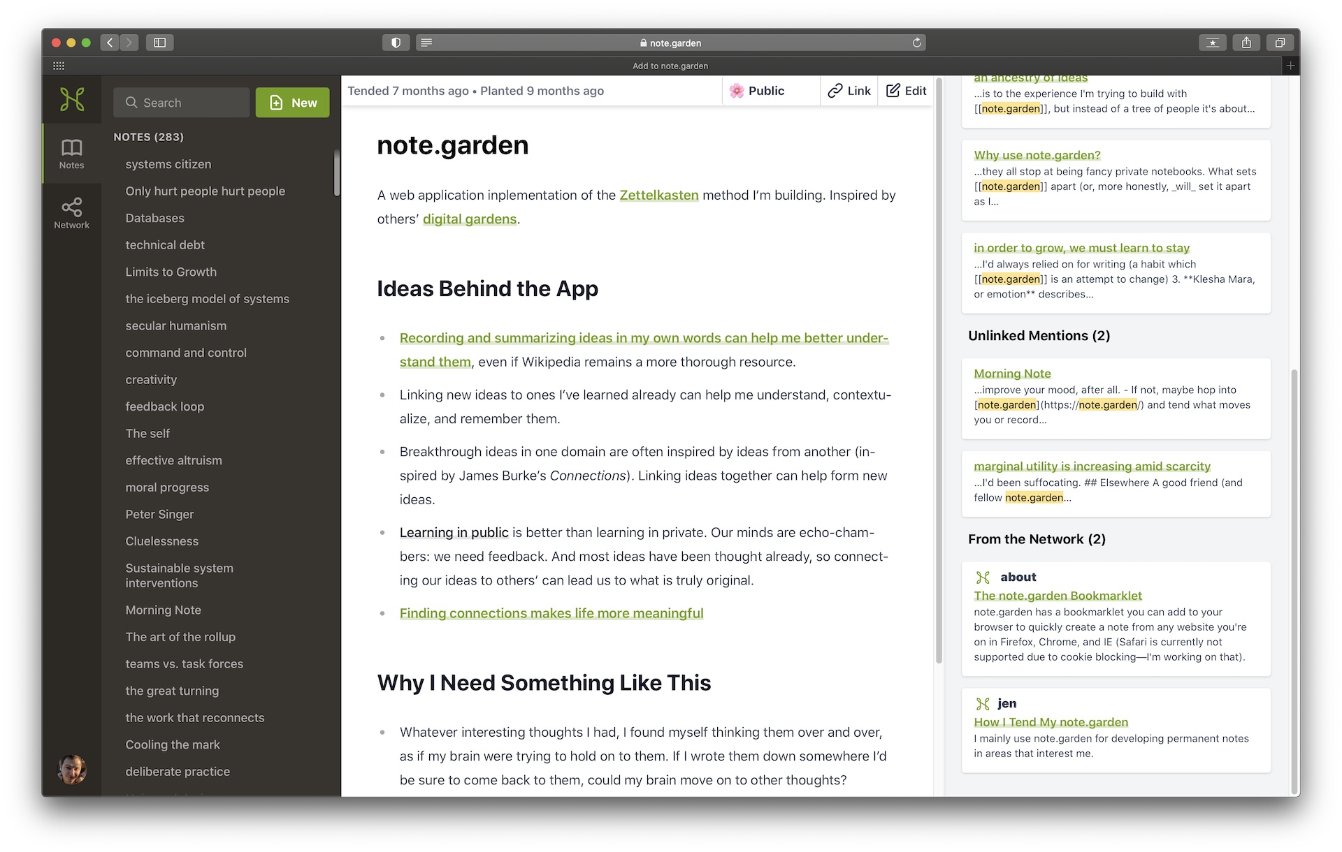 A screenshot of the note.garden app
